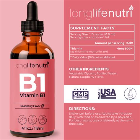 Vitamin B1 Liquid Drops 4 Fl Oz Thiamine Mononitrate Organic Supplement